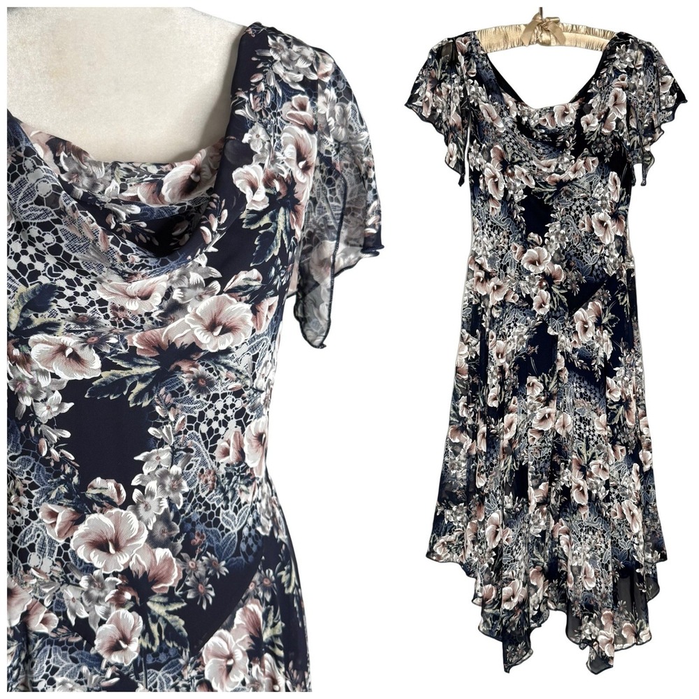Vintage Y2K Robbie Bee Dress 6P Floral Asymmetrical Cowl Neck Basque Waist Sheer